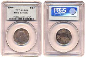 Edward VII, Proof Restrike ½ Rupee, Calcutta Mint, 1909, in PCGS holder graded PR63 (KM 50