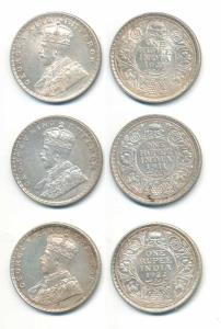 George V, Silver (3), Rupee, 1911, 1921 and 1922. Very Fine+ to About Uncirculated, Rare. 