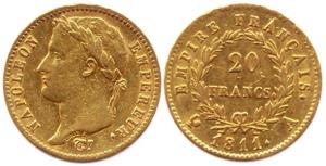 France, Napoleon III, Gold 20 Francs, 6.5g, laureate head, Paris Mint, 1811 A, (KM 695.1).