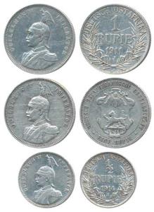 German East Africa, Silver Rupee (2), 1893 and 1911 J, both different varieties; ½ Rupee, 