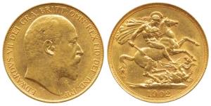 Great Britain, Edward VII, Gold 2 Pounds, 16g, St. George slaying a dragon on rev., 1902. 