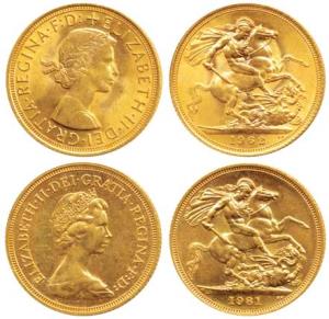 Great Britain, Elizabeth, Gold Sovereigns, 8g each, 2 different busts, 1962 and 1981, rev.