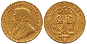 South Africa, Gold 1 Pond, 8g, 1896, (KM 10.2). About Very Fine, Rare.