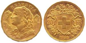 Switzerland, Gold 20 Francs, 6.5g, 1930 (KM 35.1). Uncirculated.
