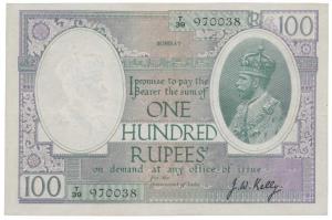 George V, Rupees 100, Bombay, 1927, signed J. W. Kelly, (J&R 10.3A). Very Fine+, Very Rare