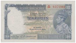 George VI, Rupees 10, 1st issue, 1944, signed C.D. Deshmukh, in order of serial number wit