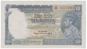 George VI, Rupees 10, 1st issue, 1944, signed C.D. Deshmukh, in order of serial number wit