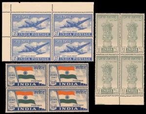 1947, Jai Hind, block of 4, 3 values, 11/2 a, 3 ½ a and 12a. MNH, Very Fine.