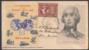 1949, UPU Single value Private FDC depicting Marquis of Hastings, 12a. tied with Madras G.