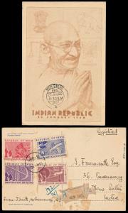 1950, Registered PPC bearing 1950 Republic of India, set of 4 Stamps tied with New Delhi F