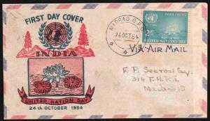 1954, United Nations Day, Air Mail Private FDC, UN Logo and Lotus Flower, Orange 2a., Madr