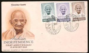 1948, Mahatma Gandhi, 3 Value FDC, Phila# 286-89, New Delhi cancellation.