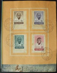 1948, Mahatma Gandhi Memorial Stamp Folder, with 4 values tied by New Delhi First Day of i