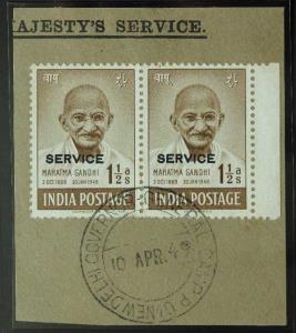 1949, Mahatma Gandhi 11/2 a. SERVICE, SG O150a, pair used on piece of paper, tied by “NEW 