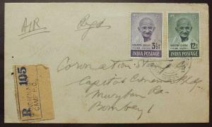 1948, Mahatma Gandhi Registered Air cover, from Gandhinagar Camp P.O. to Bombay bearing 19