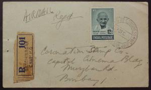 1948, Mahatma Gandhi Registered Air Mail cover, from Gandhinagar Camp P.O. to Bombay beari