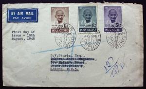 1948, Mahatma Gandhi Air Mail cover, to London bearing Mahatma Gandhi 3 Value, New Delhi F
