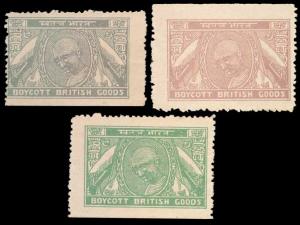 Boycott British Goods Label, 3 different, Jain#Type III, Gandhi Portrait with flags on bot