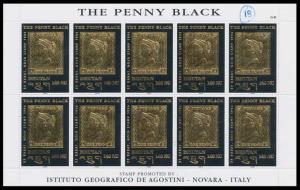 1996, Bhutan 22 Karat Gold Penny Black, sheet of 10 stamps, printed by Cartor Security Pri