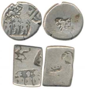 Maurya dynasty (3rd century BC), Silver Karshapana, punch-marked, three female deities on 