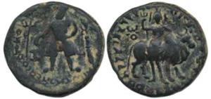 Kushanas, Vima Kaphises (105-130 AD), Copper ½ Unit, Kashmir issue, 3.96g, king standing f