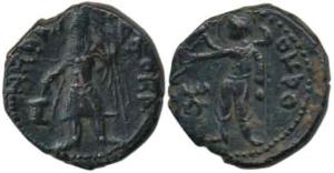 Kushanas, Kanishka (130-158 AD), Copper ½ Unit, 8.40g, king diademed and crowned, standing