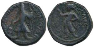 Kushanas, Kanishka, Copper ½ Unit, 7.88g, king diademed and crowned, standing facing, head