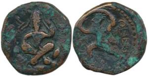 Kushanas, Huvishka (158-195 AD), Copper Unit, 12.10g, king seated cross-legged on clouds, 