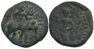 Kushanas, Huvishka, Copper Unit, 10.90g, king holding ankushi, riding an elephant to right