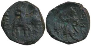 Kushanas, Huvishka, Copper Unit, 15.47g, king holding ankushi, riding an elephant to right