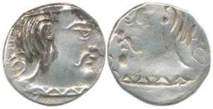Guptas, Silver Drachma, Error, obv. brockage, nice deep and complete Lakhi impression on r