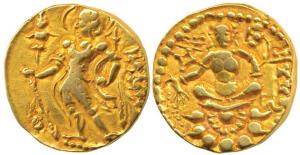 Guptas, Kumaragupta I (c. 414-455 AD), Gold Dinar, Archer type, king nimbate, standing lef