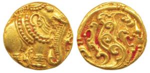 Western Gangas, Gold Gajapati Pagoda, 3.76g, obv. caparisoned elephant to right chewing su