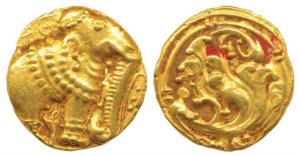 Western Gangas, Gold Gajapati Pagoda, 3.88g, obv. caparisoned elephant to right chewing su