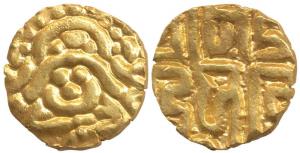 Kalachuris of Tripuri, Gangeyadeva (1015-40 AD), Gold 41/2 Masha, 3.66g, obv. seated godde