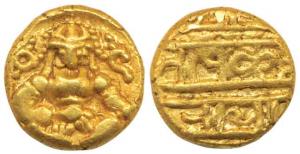 Vijayanagar, Krishna Deva Raya, Gold Pagoda, 3.35g, Bal Krishna seated flanked by conch sh