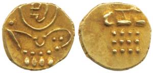 Veera Raya, Coorg Gold Fanam, obv. stylized lion standing right with tamil legend above; r