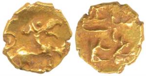 Nayaks of Tanjore, Gold Fanam, Sarabhi Fanam, lion to right (with a long mouth) on obv., N