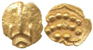 Marathas, Tanjavore, Venkoji, Gold Fanam, 0.35g, Katar on obv., degenerate Kali on rev. (M