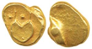 Anonymous, Hudki Gold Pagoda, 3.34g, obv. a boat like uncertain symbol, rev. possibly the 