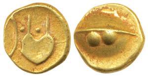 Anonymous, Hudki Gold Pagoda, obv. a boat like uncertain symbol; rev. possibly the Gol Gum