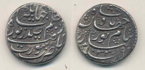 Nur Jahan (AH 1033-1037, AD 1623-1627), Silver Rupee, 11.30g, Surat Mint, poetic couplet o