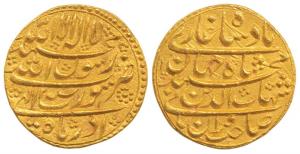 Shah Jahan, Gold Mohur, 10.80g, Surat Mint, RY 2, Month Azar (KM 255.6). Extremely Fine, R