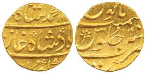 Muhammad Shah, Gold Mohur, 11g, Surat Mint, AH 114X/19 (KM 438.23). Nice mint lusture, Abo