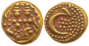 Haider Ali, Gold Pagoda, 3.44g, Shiva and Parvati seated on obv., rev. Persian letter He i