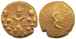 Gold 3 Swami Pagoda, 3.34g, Lord Balaji standing with his wives, Bhudevi and Shridevi on e