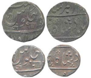 Anand Rao, Silver Rupee and 1/2, Ahmedabad Mint, in the name of Muhammad Akbar II, Nagari 