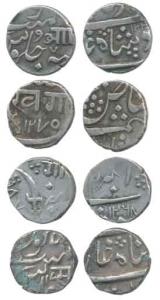 Silver ½ Rupee, 4 different rulers, Anand Rao, AH 122X/2; Sayaji Rao II, Khande Rao, AH 12
