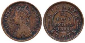 Ganga Singh (VS 1944-1999, 1887-1942 AD), Copper ½ Pice, with the name and portrait of Vic
