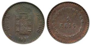 Goa, Colonial Issue, Copper 5 Reis, 1871, (KM 302). Slight die flaw in the last digit of t